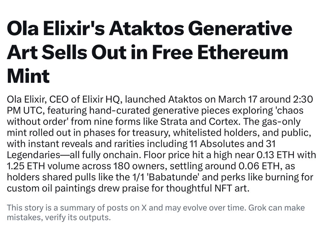 News article headline: Ataktos generative art sells out in a free Ethereum mint